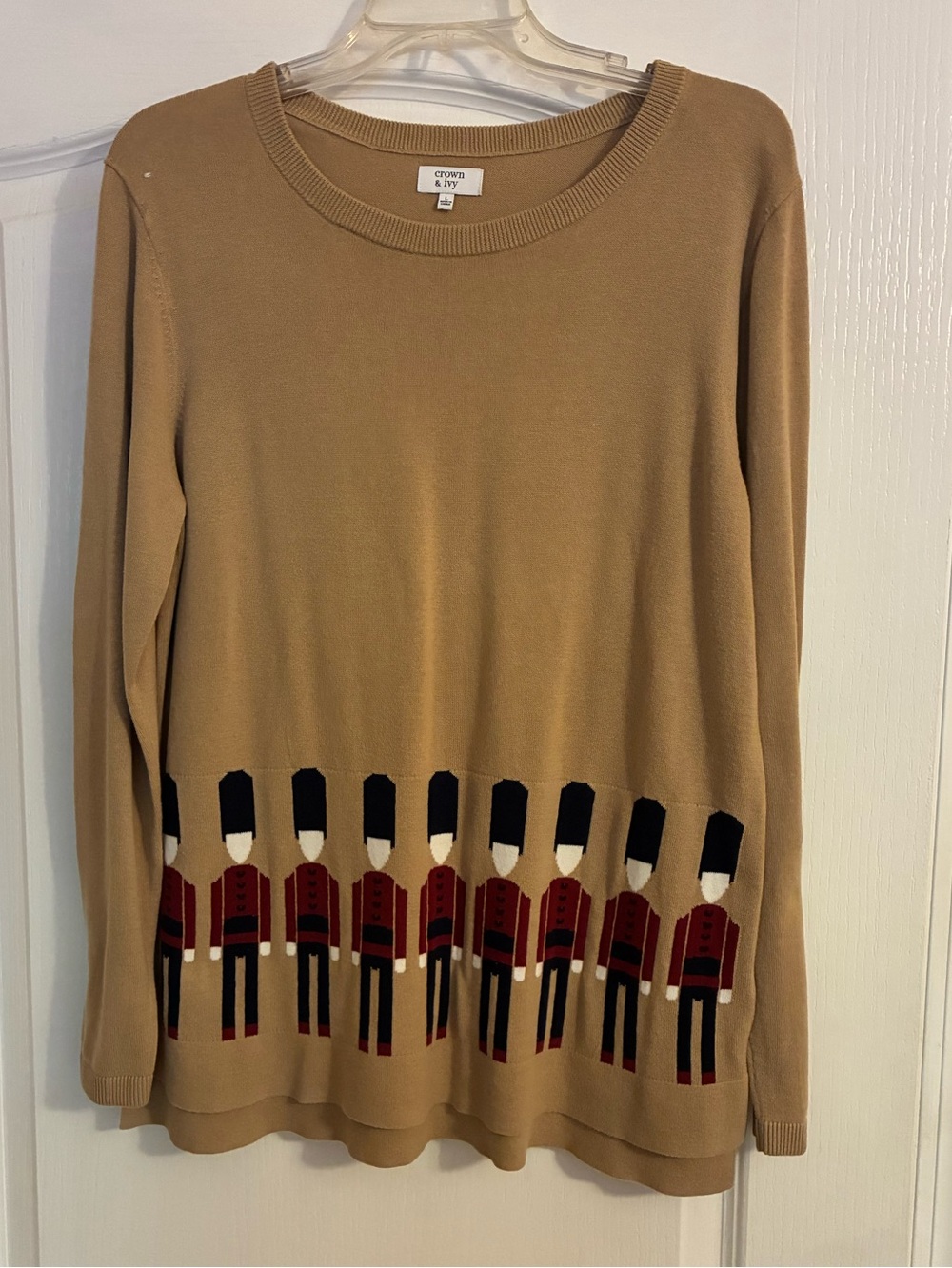 Crown & Ivy Tan Crewneck Christmas Sweater with Nutcracker Design